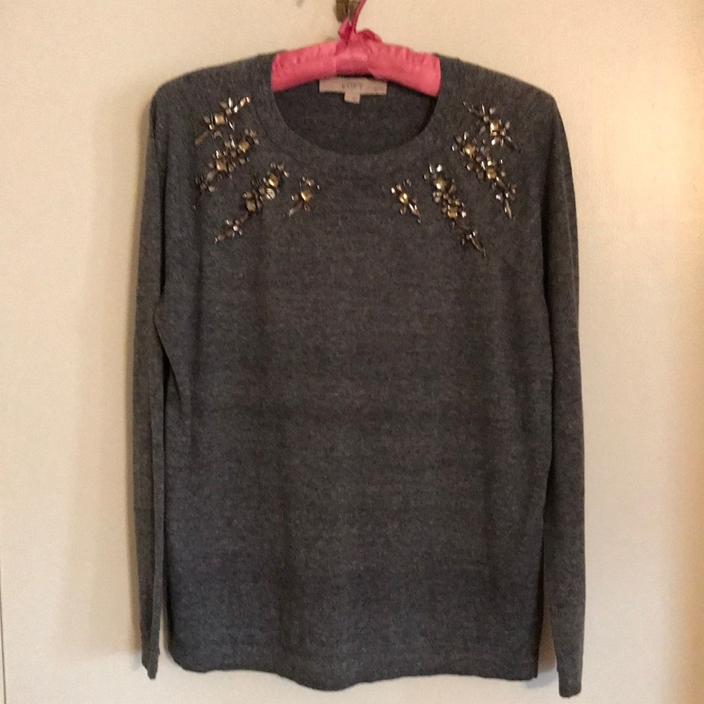 Loft sweater with beaded bling trim, Heather Gray, petite large, 100% cotton
